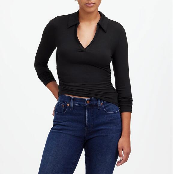 NWT Madewell Side-Cinch Long-Sleeve Stretch V-Neck Polo Top Jet Black Size Small - Picture 1 of 10